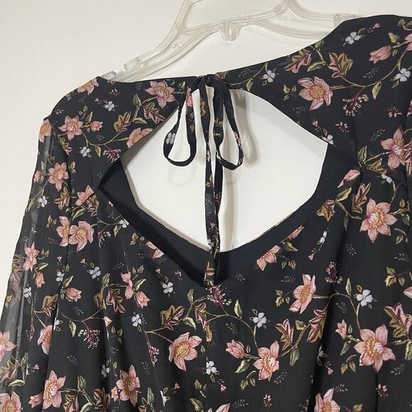 NEW! J.O.A. Black Floral Back Cut Out Smocked Waist Asymmetrical Dress Med - Picture 6 of 7